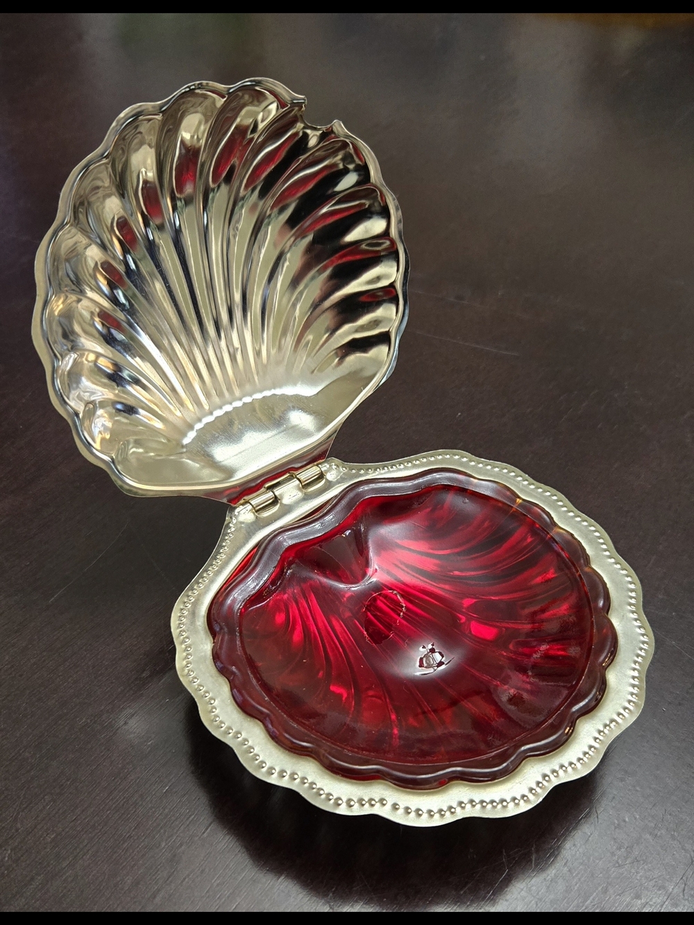 Vintage Shell Butter or Caviar Dish with Ruby Red Glass Insert